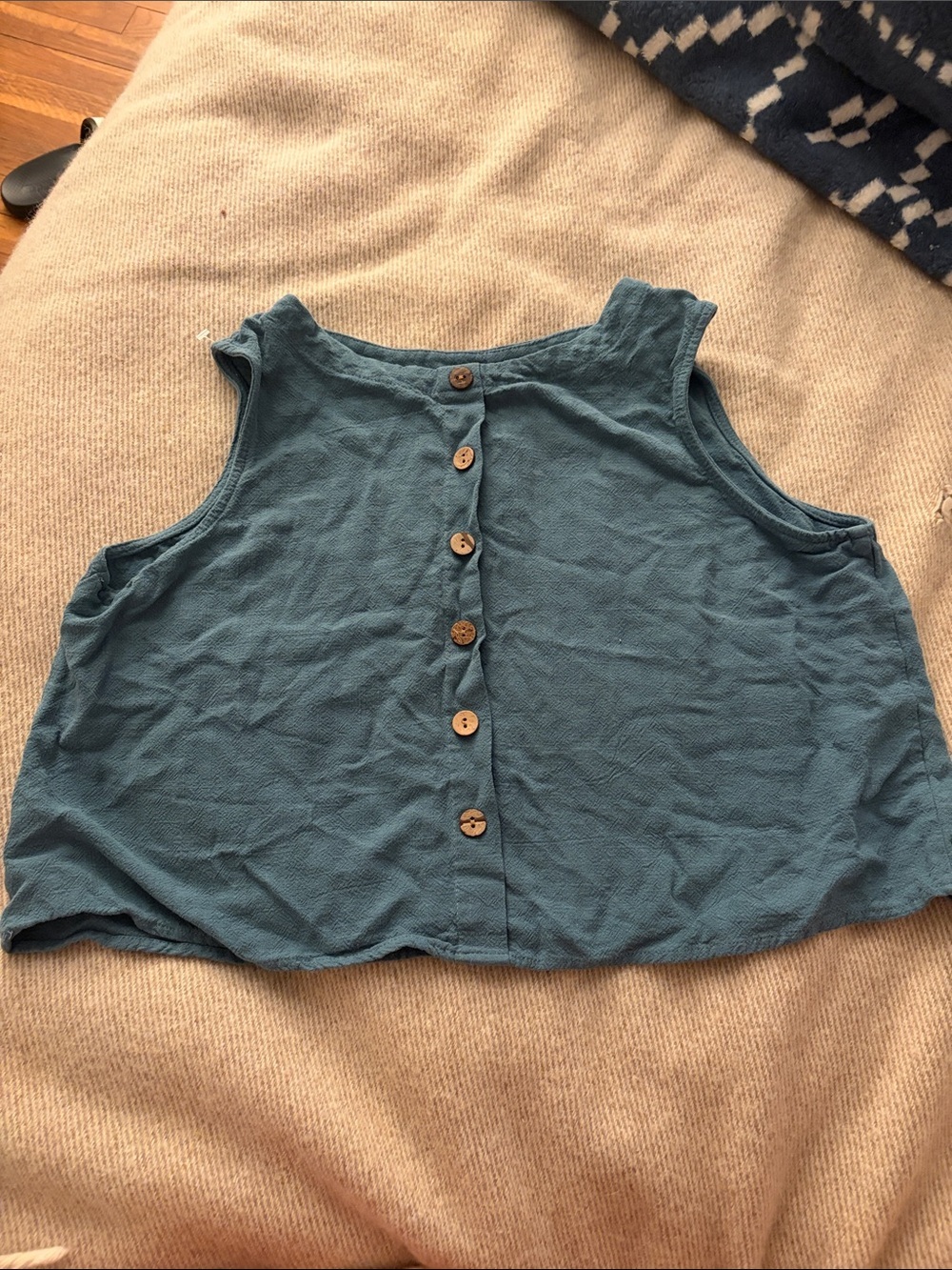 Anrabess Linen & Rayon Blend Button-Back Sleeveless Crop Top in Teal Blue Size L